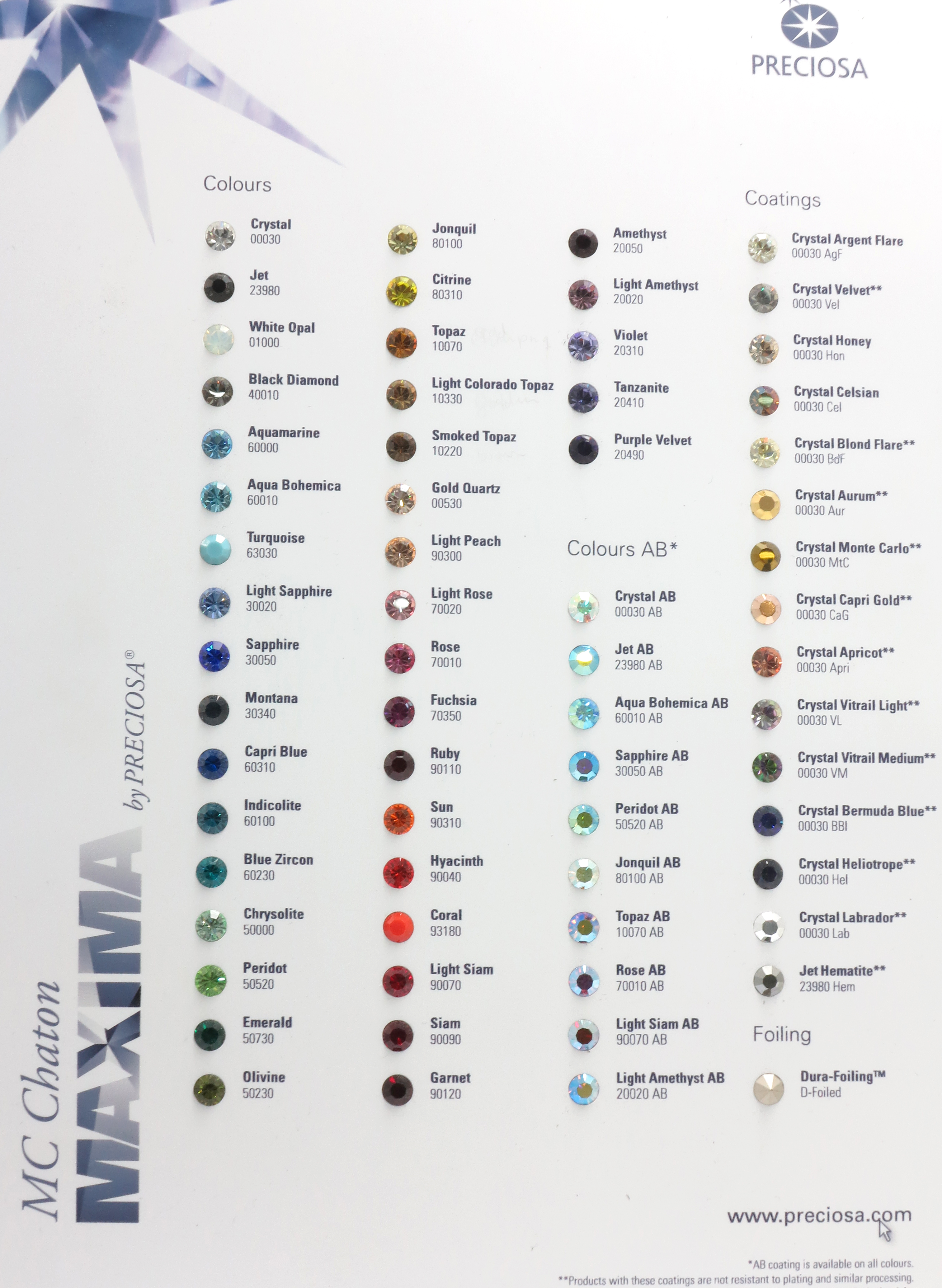 Preciosa Beads Color Chart